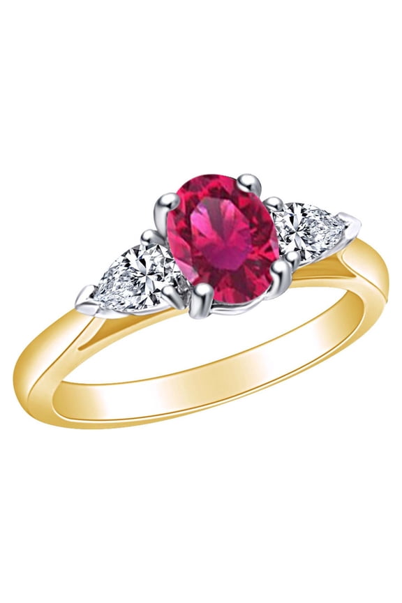 1 1/4 Carat Simulated Ruby & White Natural Diamond Three Stone Engagement Ring14k Solid Yellow Gold (1.25 Cttw) Ring Size-9.5