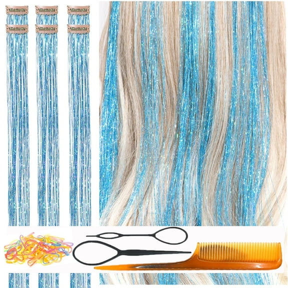 Clip In Hair Tinsel Sky Blue Shiny Sparkle Fairy Hair 80 Strands/Pcs Very Cute for Girls Christmas New Year Halloween Party