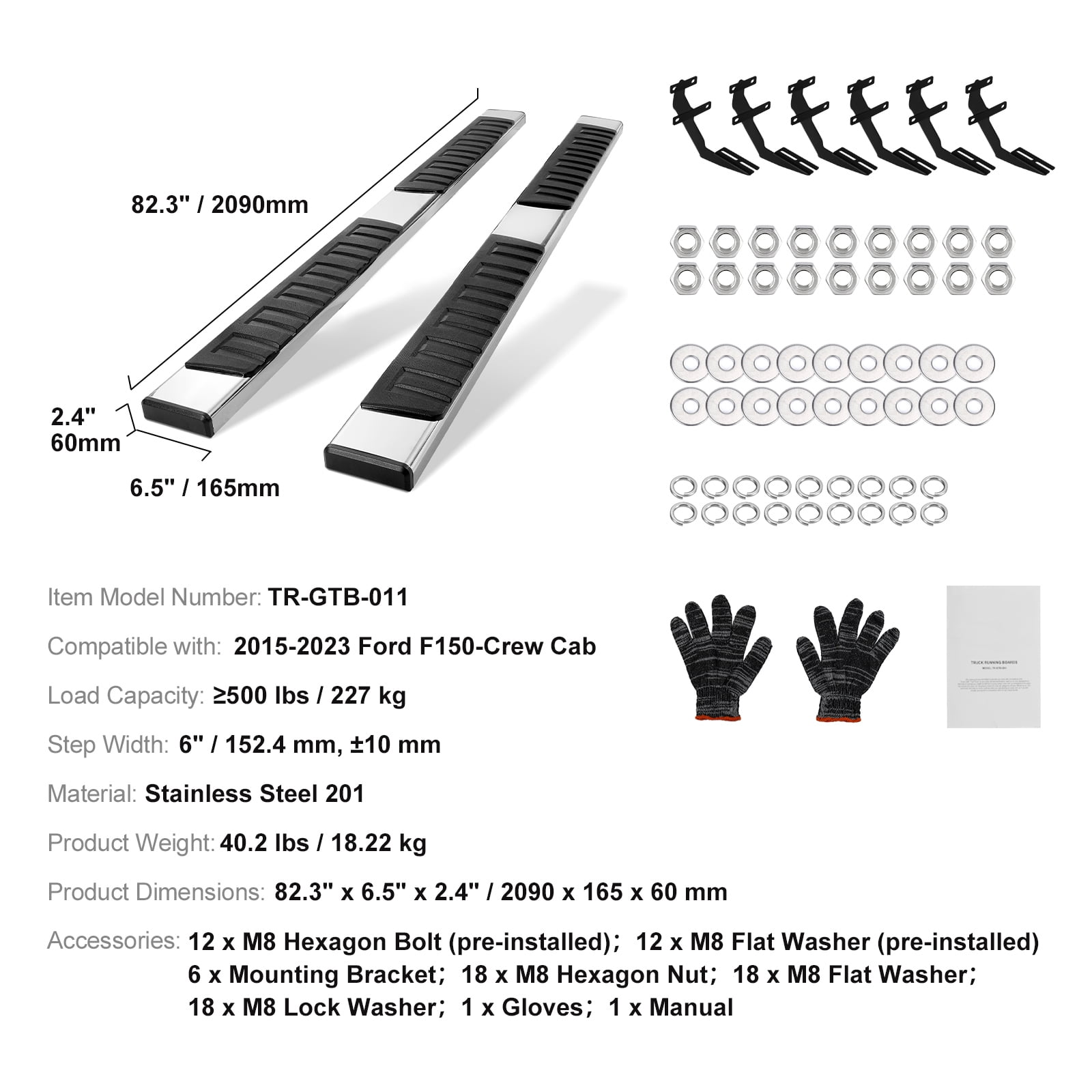 KFFKFF 6" Running Boards, Step Bars Compatible with 2015-2023 Ford F150 Crew Cab/2017-2023 Ford F-250 F-350 Super Duty Crew Cab, Stainless Steel Side Steps Nerf Bars, 500LBS Load Capacity, Set of 2