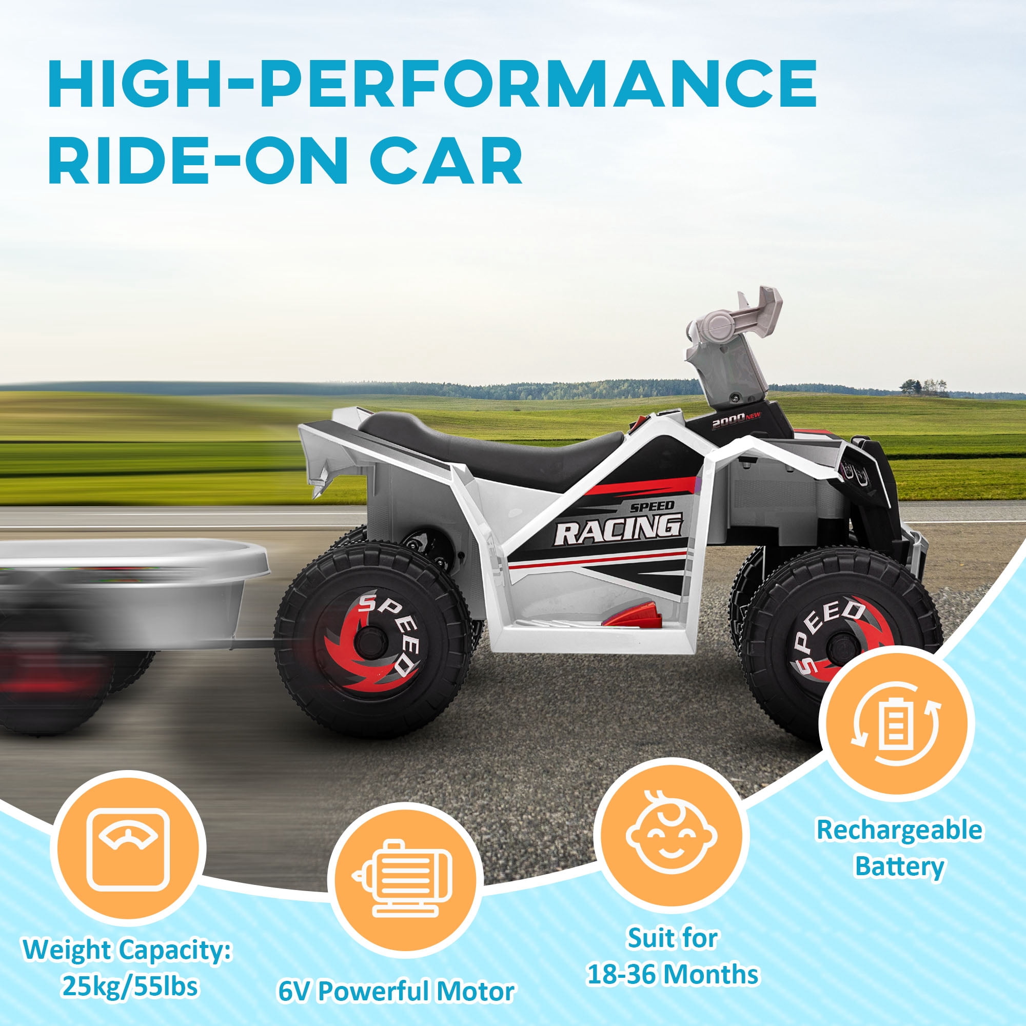 Aosom Kids ATV Quad Car with Back Trailer, White
