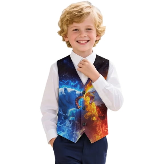 Garronmavis Ice and Fire Boys Sleeveless Vests Stylish Bear V Neck Adjustable Back Strap Vest Comfortable Eagle Formal Dress Waistcoat Casual Coat Vest with Pockets for Daily Life