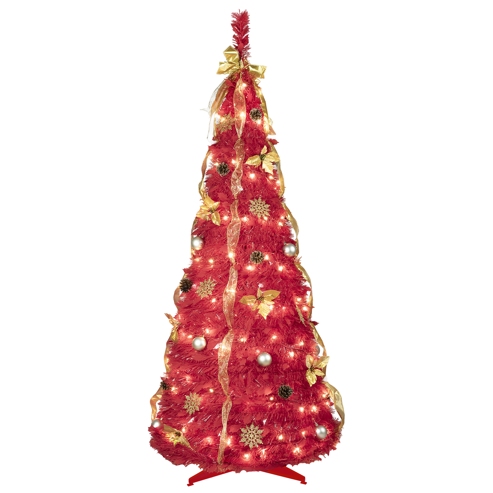 Alvantor 6FT Pop-Up Christmas Tree with 150 White LED Lights & Ornaments for Indoor Holiday Decoration Red