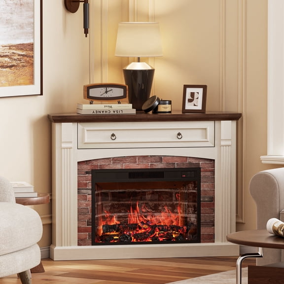 HARIPUL Corner TV Stand with Electric Fireplace, Wooden Mantel, Remote Control and Efficient Heating, Realistic Flame, White