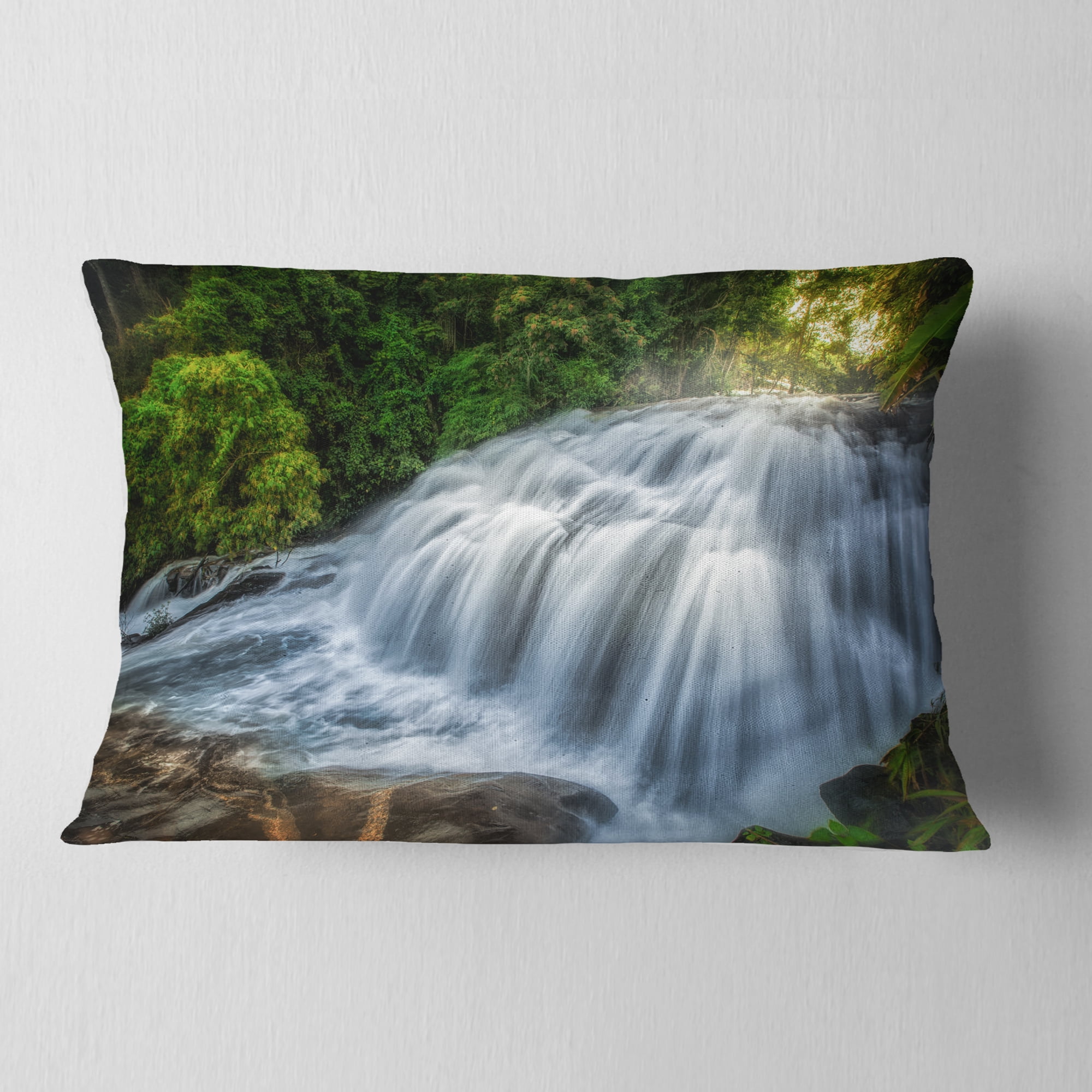 Designart Flowing Pha Dokseaw Waterfall - Landscape Photography Throw Pillow - 12x20