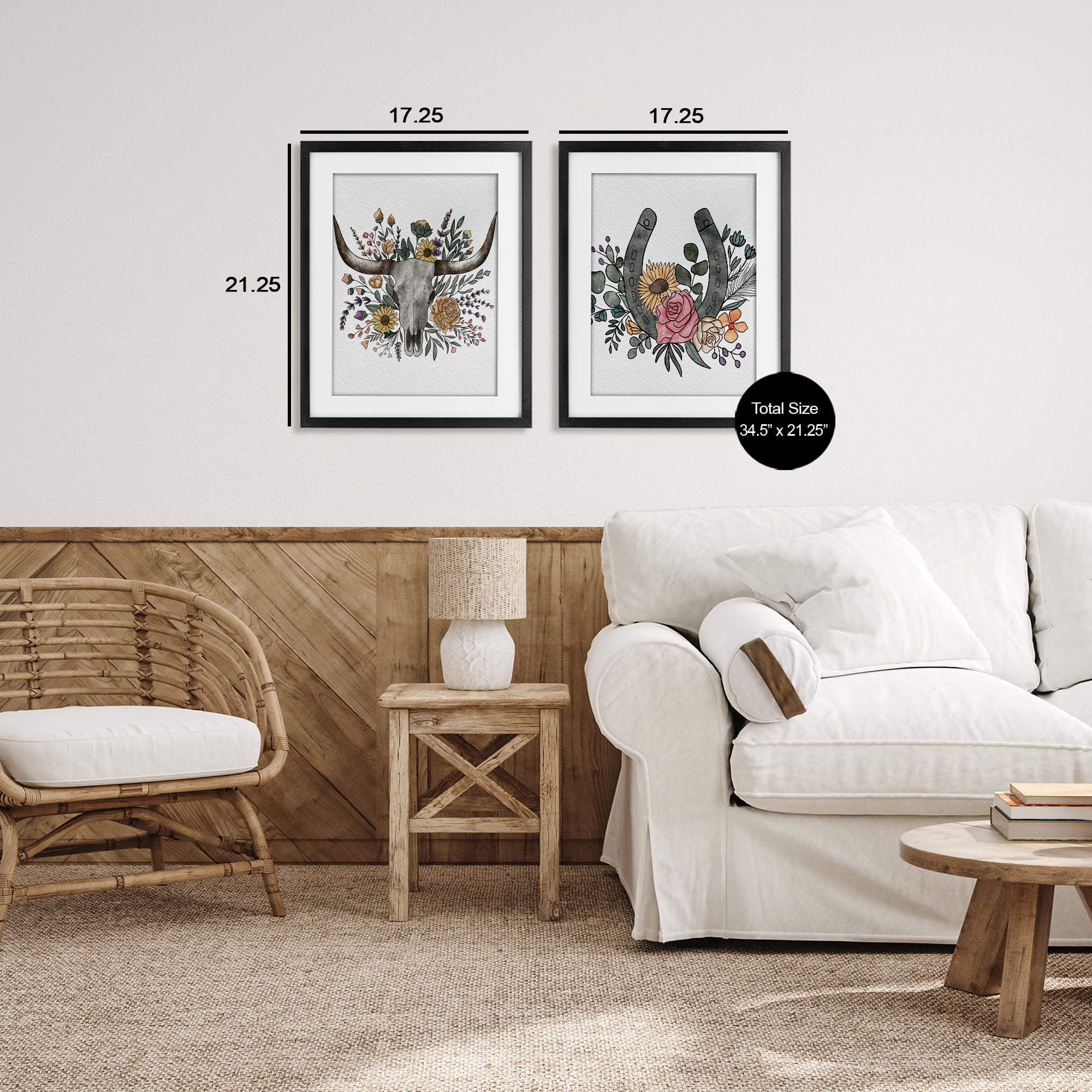Stupell Industries Boho Longhorn & Horseshoe 2 Piece Black Framed Print Under Glass Set, design by Alisha Kiara Design