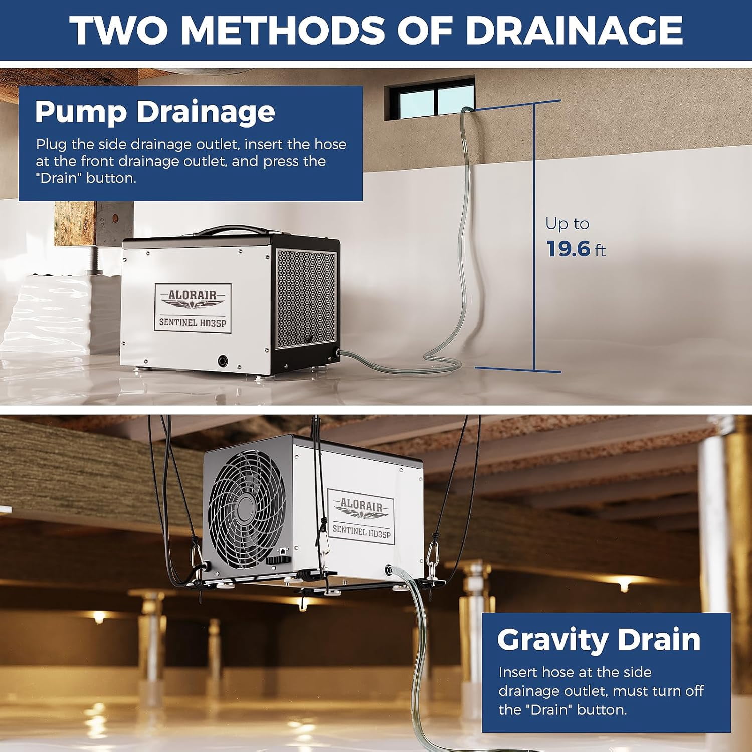ALORAIR 70 Pints Crawl Space/Basement Dehumidifier with Pump, Automatic Defrost, Up to 1000 Sq Ft Commercial Dehumidifiers, Memory Start, cETL Listed