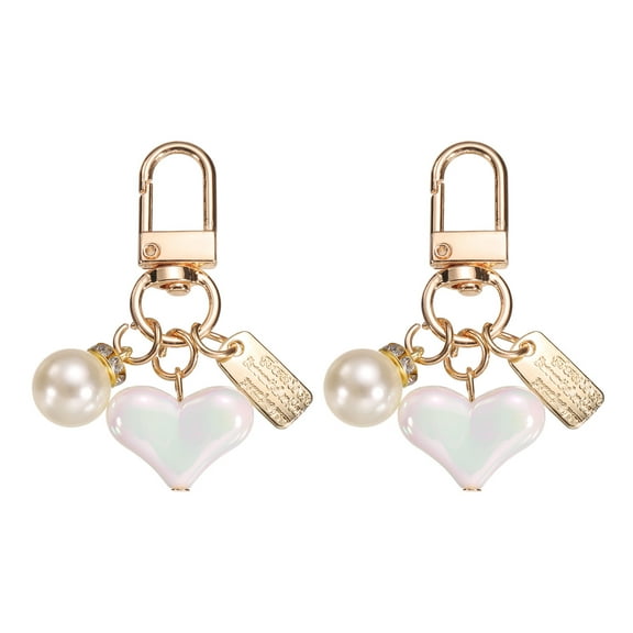 2Pcs Heart Keychain Charm for Women, Metal Cute Heart & Pearl Purse Bag Charm for Car Keyring (White/Gold)