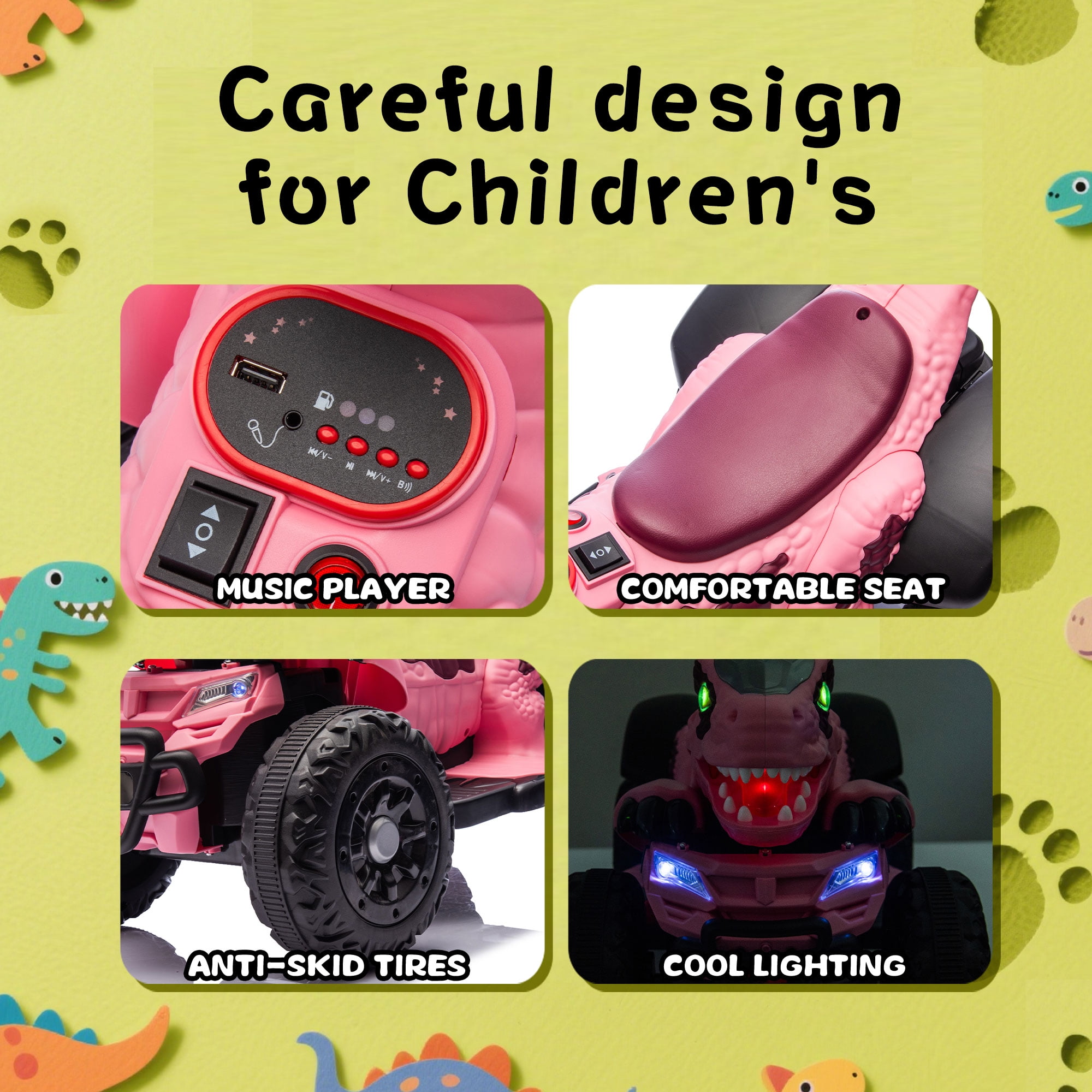 Track Seven 12V Electric Ride-On ATV, Dinosaur Four Wheeler Electric Car with Bluetooth, LED Lights, Music, Electric Quad Ride-On Toy Car for Toddlers Boys Girls Age 2+, Rose Pink