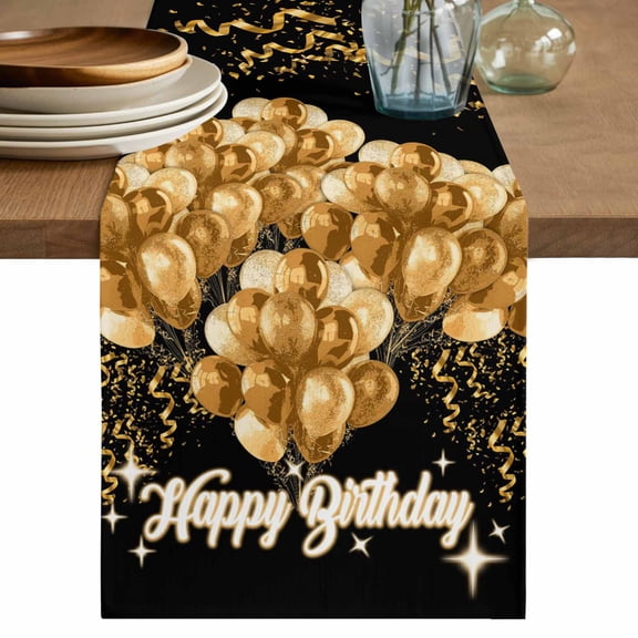 Table Runner 70 Inches Long for Kitchen Dining, Happy Birthday Dresser Scarf Farmhouse, Dining Table Decorations for Wedding/Parties, Golden Balloons Ribbons Abstract Black 13 x 70 In