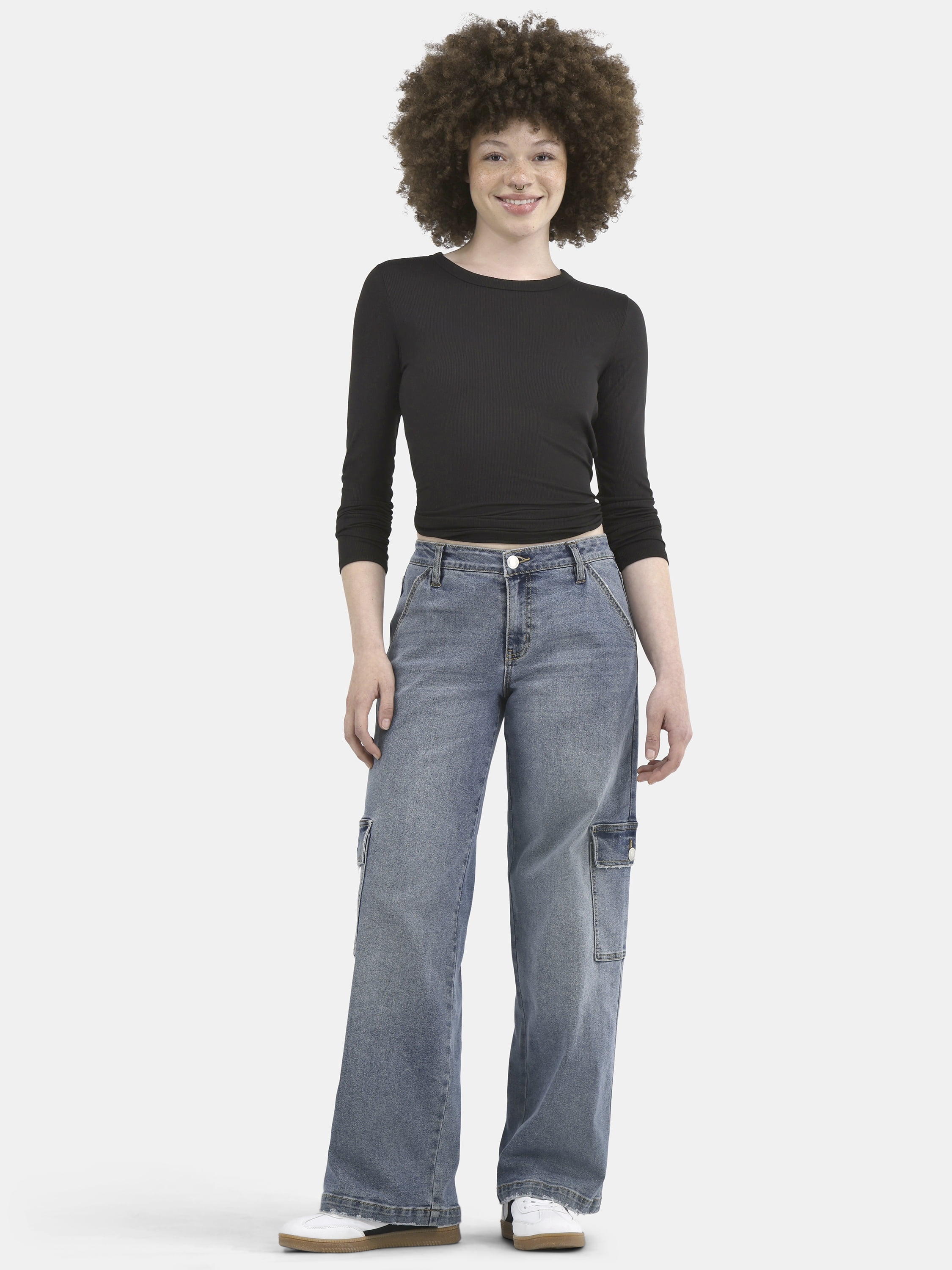 No Boundaries Ribbed Crewneck Tee with Long Sleeves, 1 or 2-Pack, Women's & Women's Plus XXS-XXL