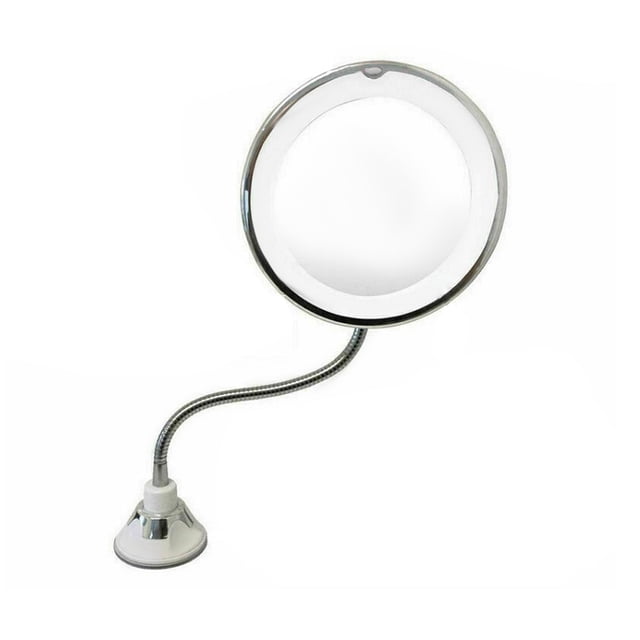 LED Lighted 10X Magnifying Makeup Mirror with 360-Degree Rotating Adjustable Neck, Powerful Suction Cup Base for Easy Installation, ABS & Glass Construction, Silver Finish, Battery-Powered (3 AAA Not