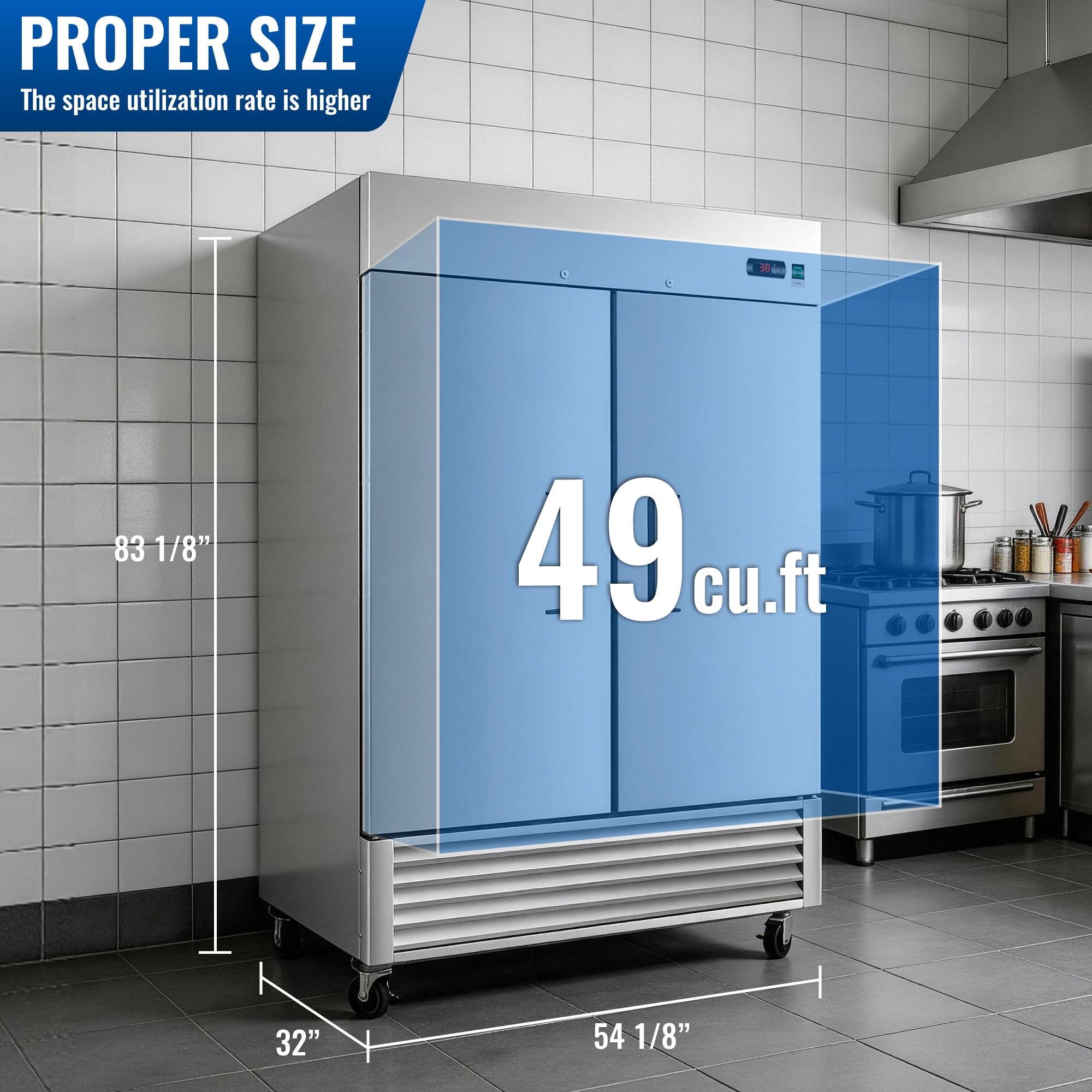 54" Commercial Expandable Upright Freezer, Stainless Steel, 49 Cu.Ft., 6 Adjustable Shelves, Low Noise & Energy Efficient, Auto Defrost, Digital Temperature Control, LED Lighting