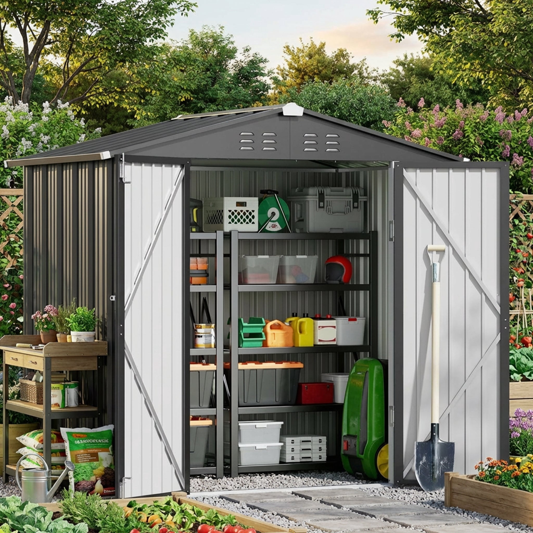 6' x 4' Outdoor Storage Shed, Weather-Resistant Iron Garden Shed with Lockable Double Doors for Backyard/Patio/Lawn, Gray