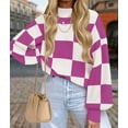 thumbnail image 5 of Women'S Fall Fashion Roll-Neck Long Sleeve Plaid Ribbed Knit Loose Pullover Sweater Tops Purple Checkered 4XL, 5 of 9