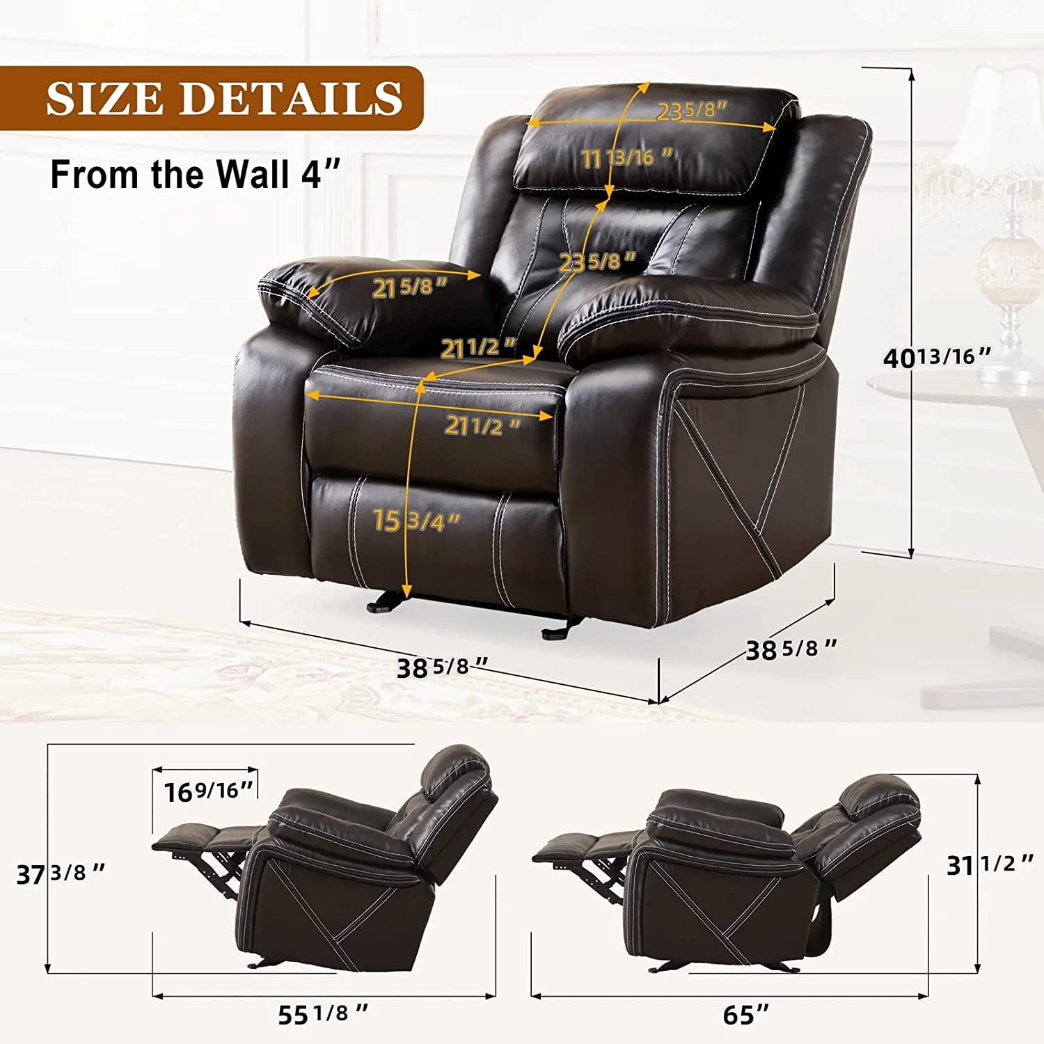 Dazone Recliner Chair with Breathable Bonded Leather, Classic Single Sofa Home Theater Seating Manual Rocker Recliner, Reclining Rocking Function for Living Room Bedroom Guest Room Study Room Brown