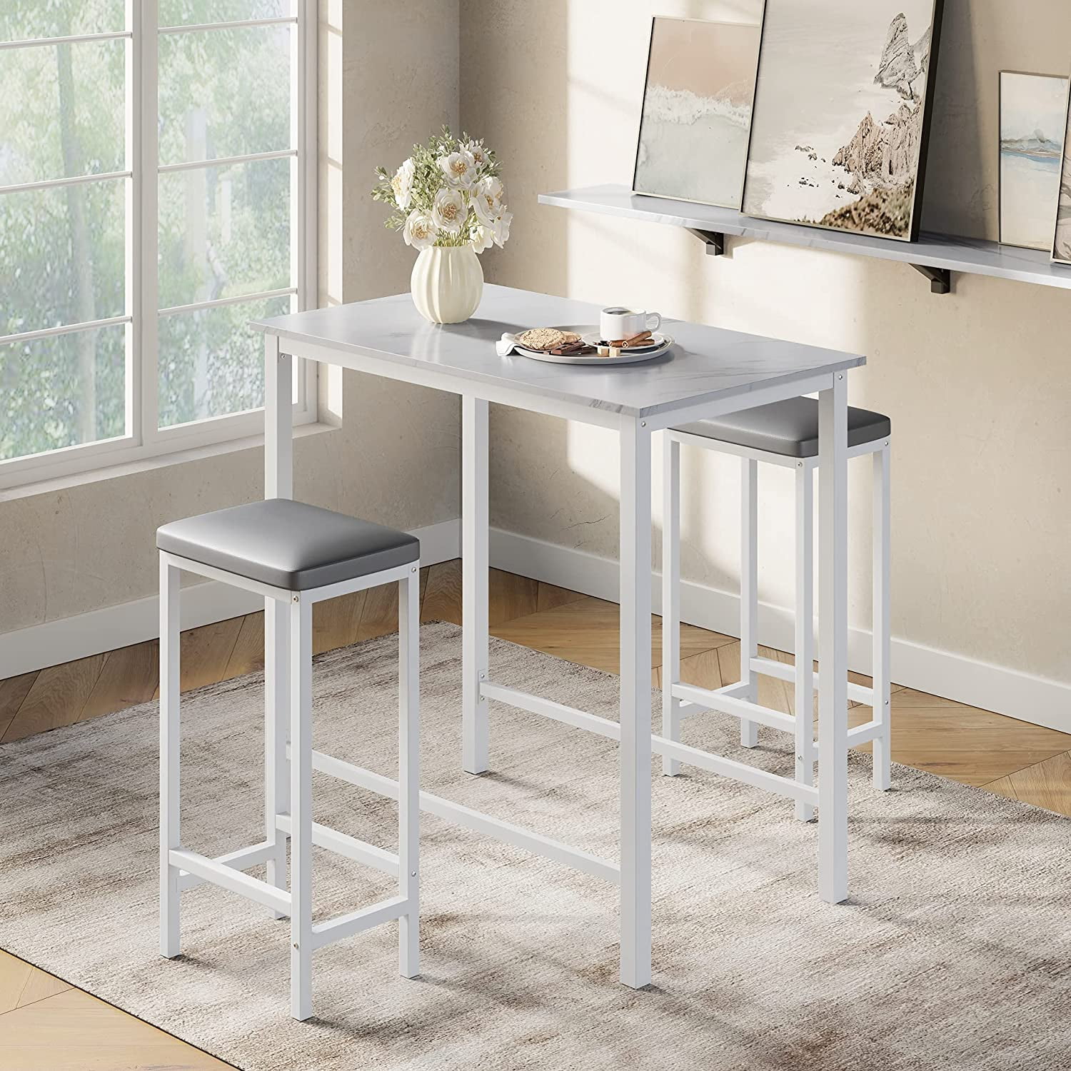 Bar Table Set with 2 Cushioned Counter Height Stools, Dining Table Set for 2, White Faux Marbled