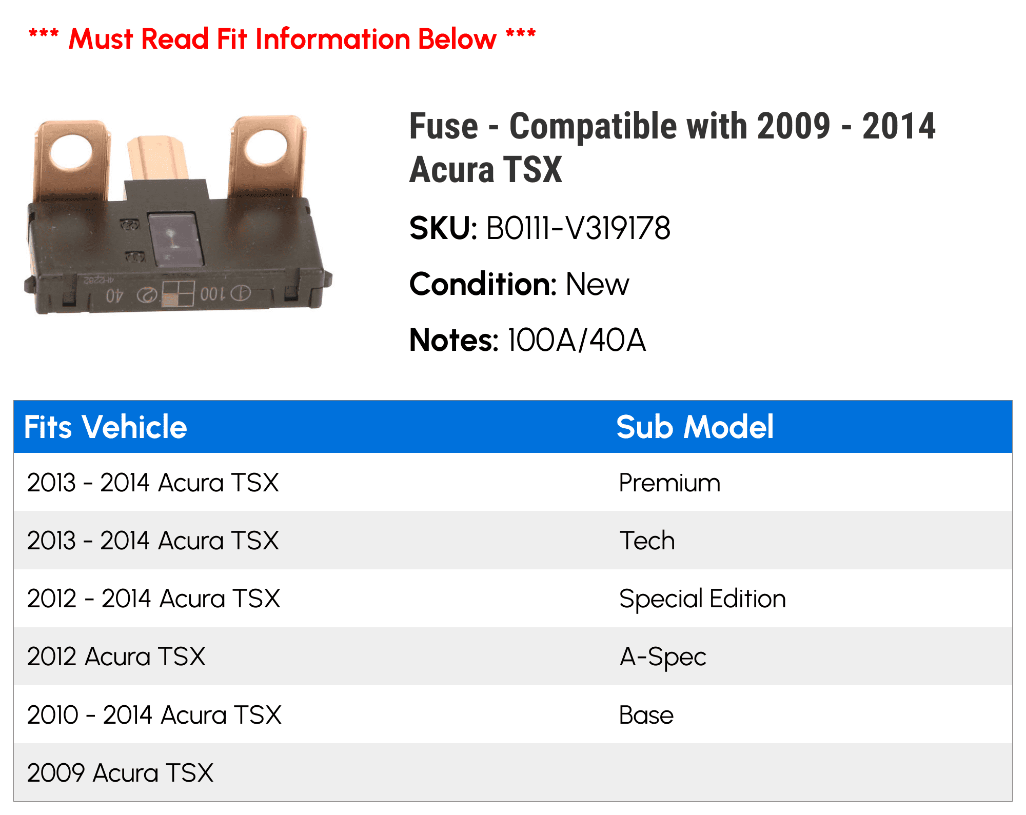 Fuse - Compatible with 2009 - 2014 Acura TSX 2010 2011 2012 2013