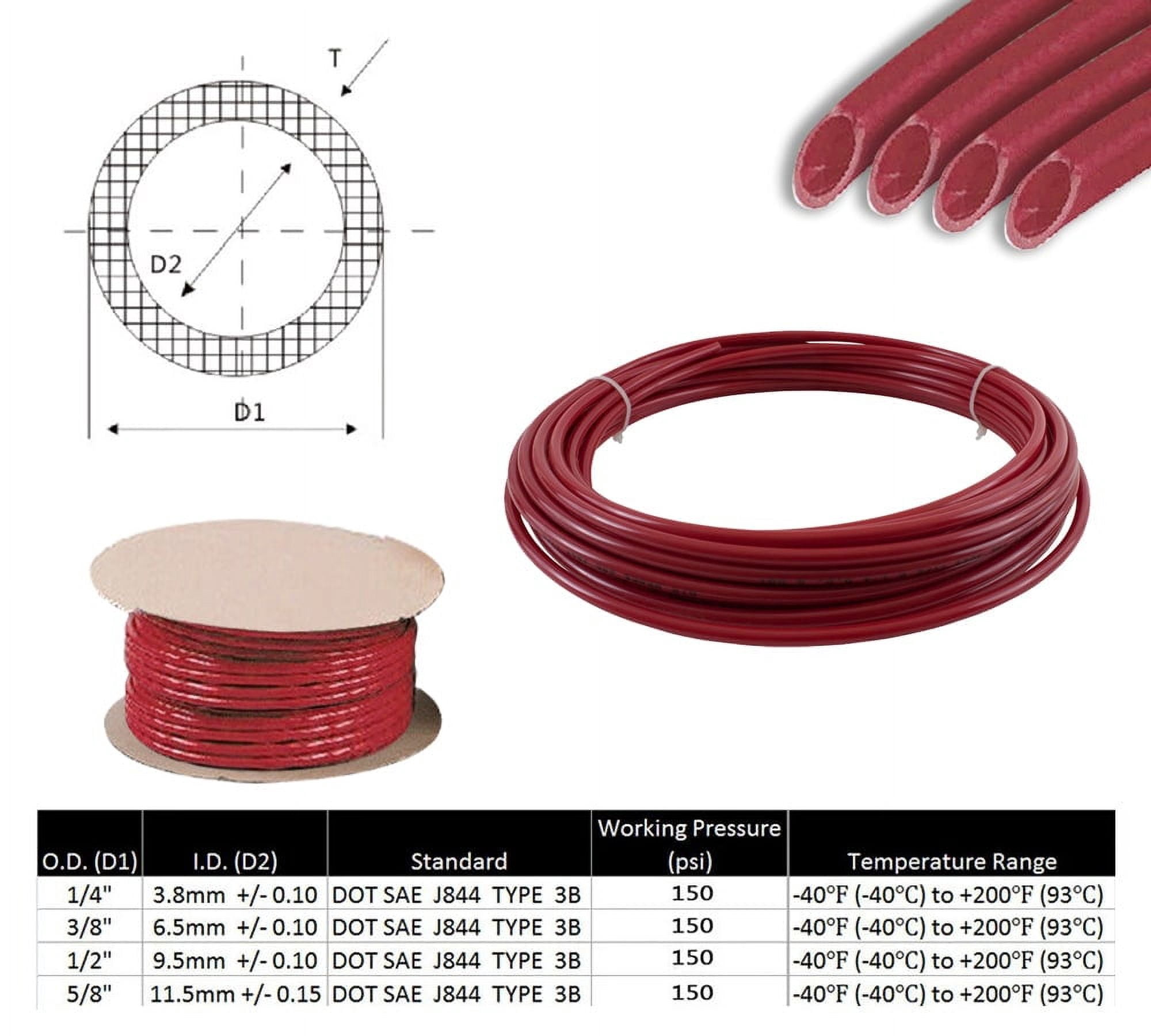 3/8" OD x 50' Red SAE J844 Nylon Air Brake Tubing DOT Approved | Pneumatic Nylon Air Line Hose for Air Brake System