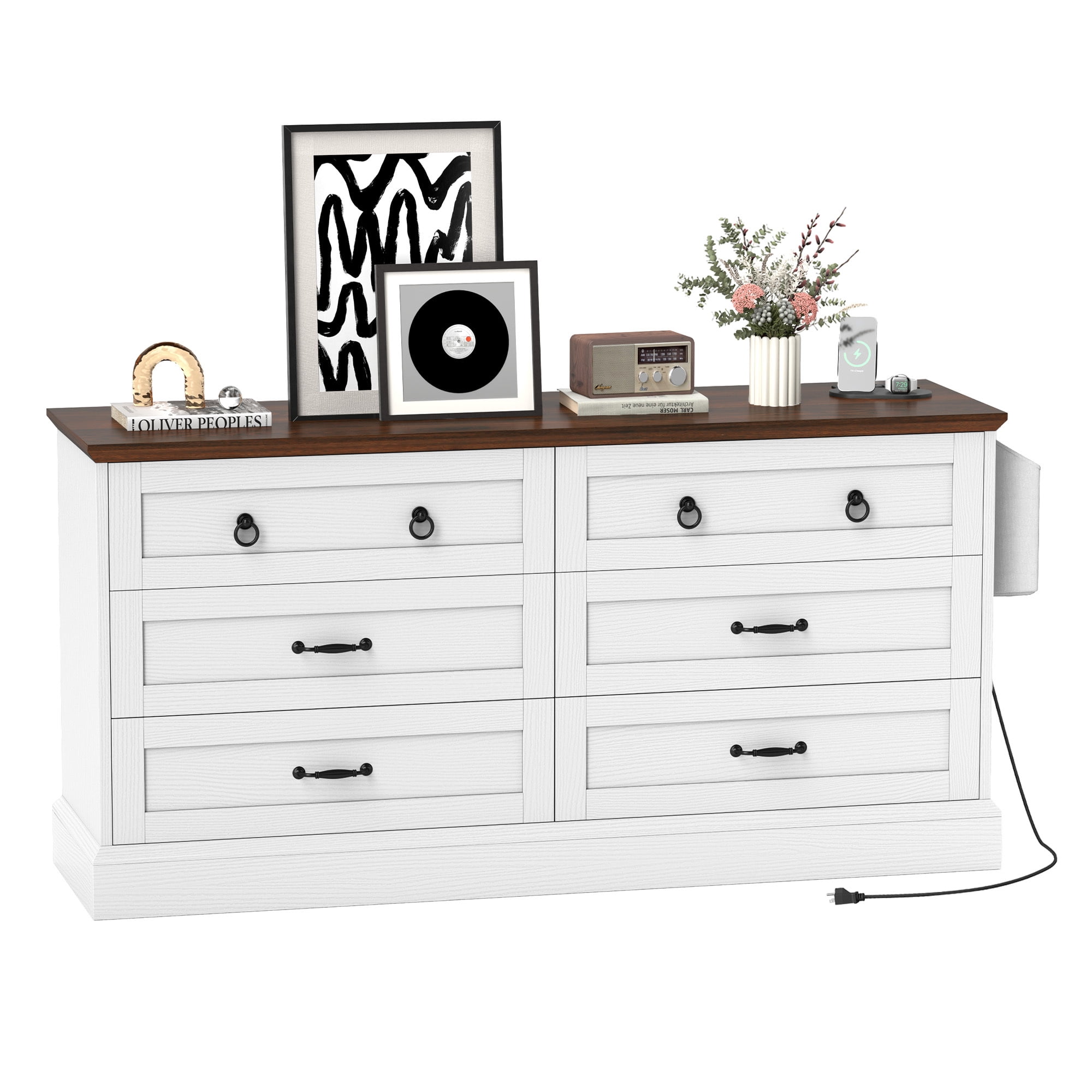 Uforic 6-Drawer Double Dresser with Power Outlets, Horizontal Wood Chest of Drawer, White