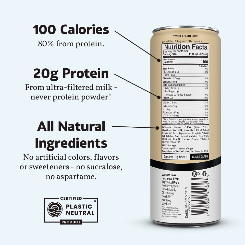 (2 pack) Slate Milk Sweet Cream Latte, High Protein Iced Coffee, 20g Protein, 11 fl oz Can, Ready to Drink
