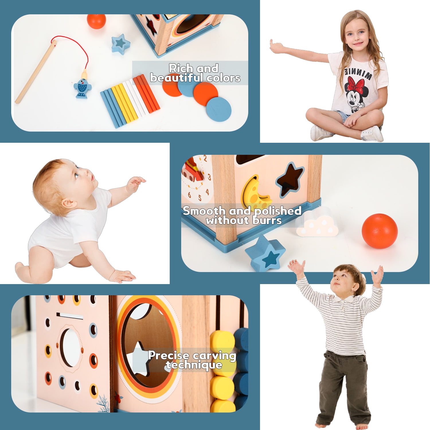 Huge Wave 9-in-1 Baby Activity Cube, Baby Montessori Learning Toys, with 6 Multicolor Sides Wooden, Educational Interactive Game, Birthday Gift for Kids Boys Girls 1 2 3 4 Years
