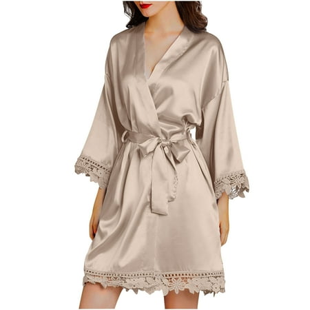 QUYUON Womens Satin Robe Silk Kimono Bathrobe Bridesmaid Wedding Bridal Party Robes Women 3/4 Sleeve Lace Trim V Neck Pajamas Short Nightgown Lingerie Sleepwear with Belted Khaki-C L