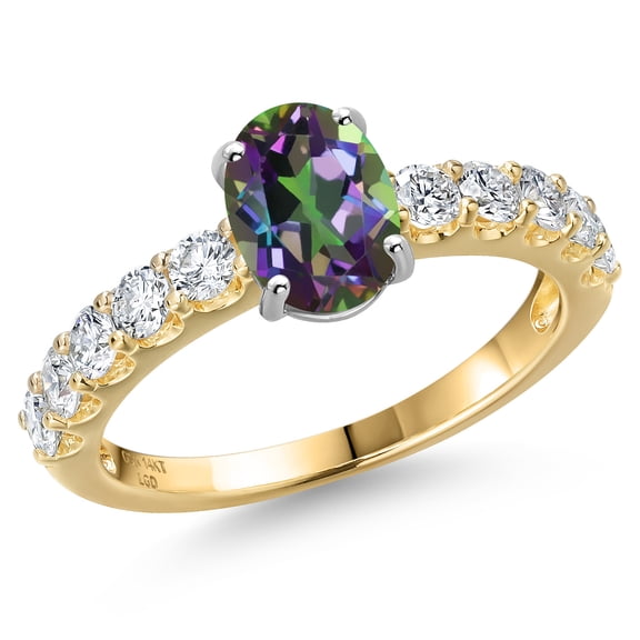 Gem Stone King 14K Two Tone Gold Green Mystic Topaz and Lab Grown Diamond Engagement Ring for Women | 2.23 Cttw | Oval 8X6MM | Gemstone November Birthstone | Size 9