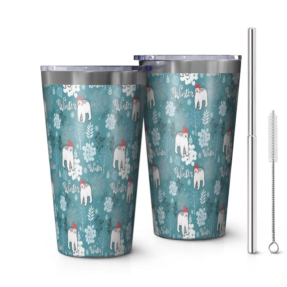 16oz Tumblers Blue Christmas Polar Bear Pattern Stainless Steel Vacuum Insulated Double Wall Travel Tumbler Cups Mug with Lid and Straw,Cleaning Brush for Coffee,Tea