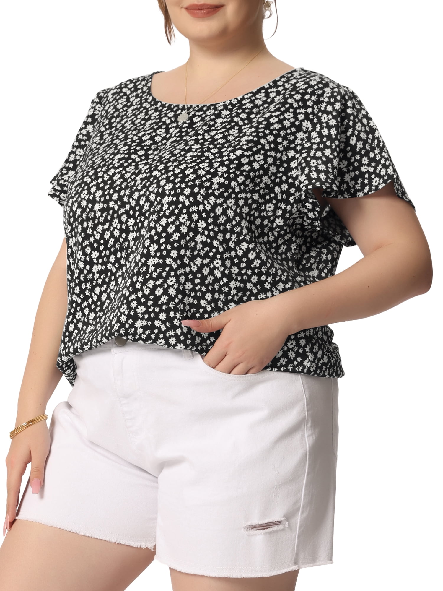 Unique Bargains Women's Plus Size Summer Floral Flutter Sleeve Round Neck Peplum Blouse