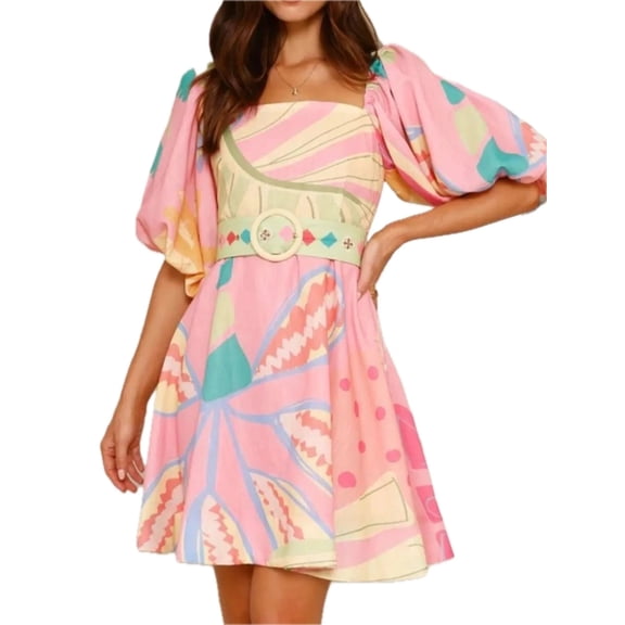 Women's Printed Square Neck Puff Sleeve Dress with Smocked Details Not Lined 100% Polyester Fabric Imported Casual