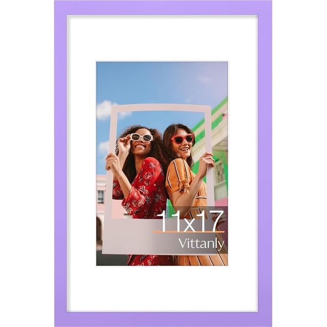 Vittanly 11x17 Picture Frame, Engineered Wood with Shatter Resistant Plexiglass, Display Pictures 8x12 with Mat or 11x17 without Mat, Photo Frame for Wall Mounting, Purple, 1 Pack