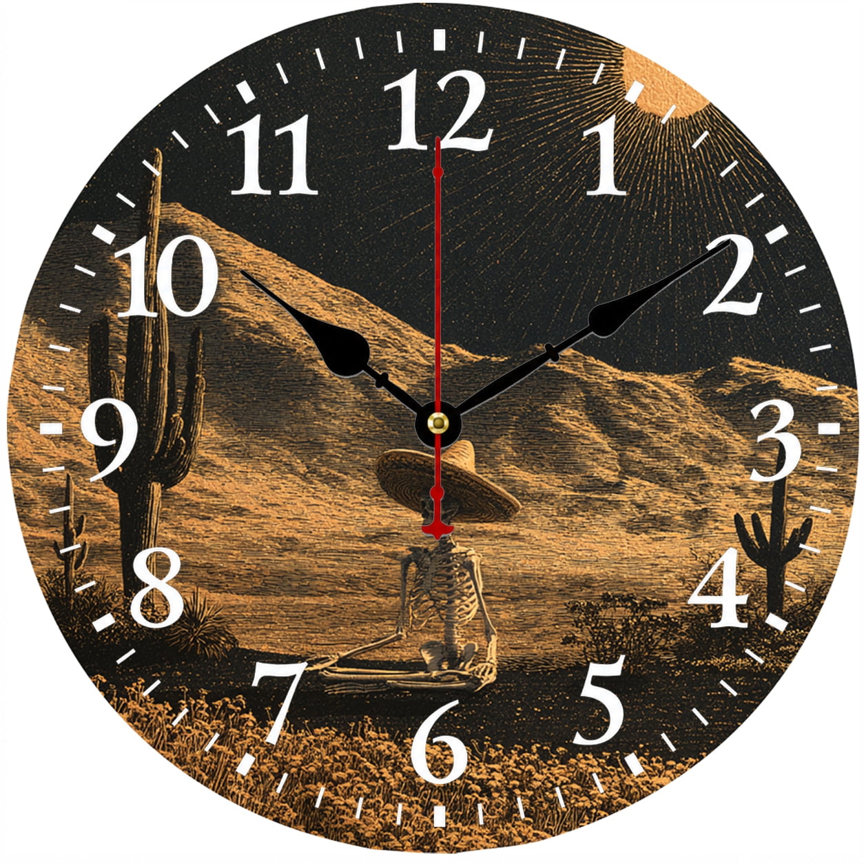 9.84 Inch Western Skeleton Wall Clock, Desert Cactus Rustic Battery Operated Analog Clock for Living Room Bedroom Kitchen Office
