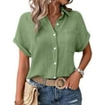 thumbnail image 4 of Pxiakgy Women Linen Button Down Shirt Rolled Cuffed Short Sleeve Blouse Ladies Summer Casual V Neck Beach Double Layer Wrinkled Fabric Tops Batwing Sleeve Pocket Patched Shirt Camouflage M, 4 of 7