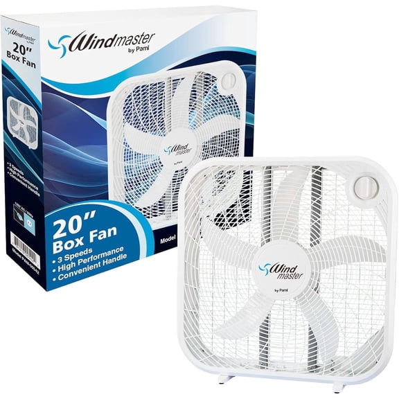PAMI 20" Portable Box Fan with 3 Speed Settings and Carry Handle, High Airflow Cooling Fan for Home, Office & Indoor Use, White