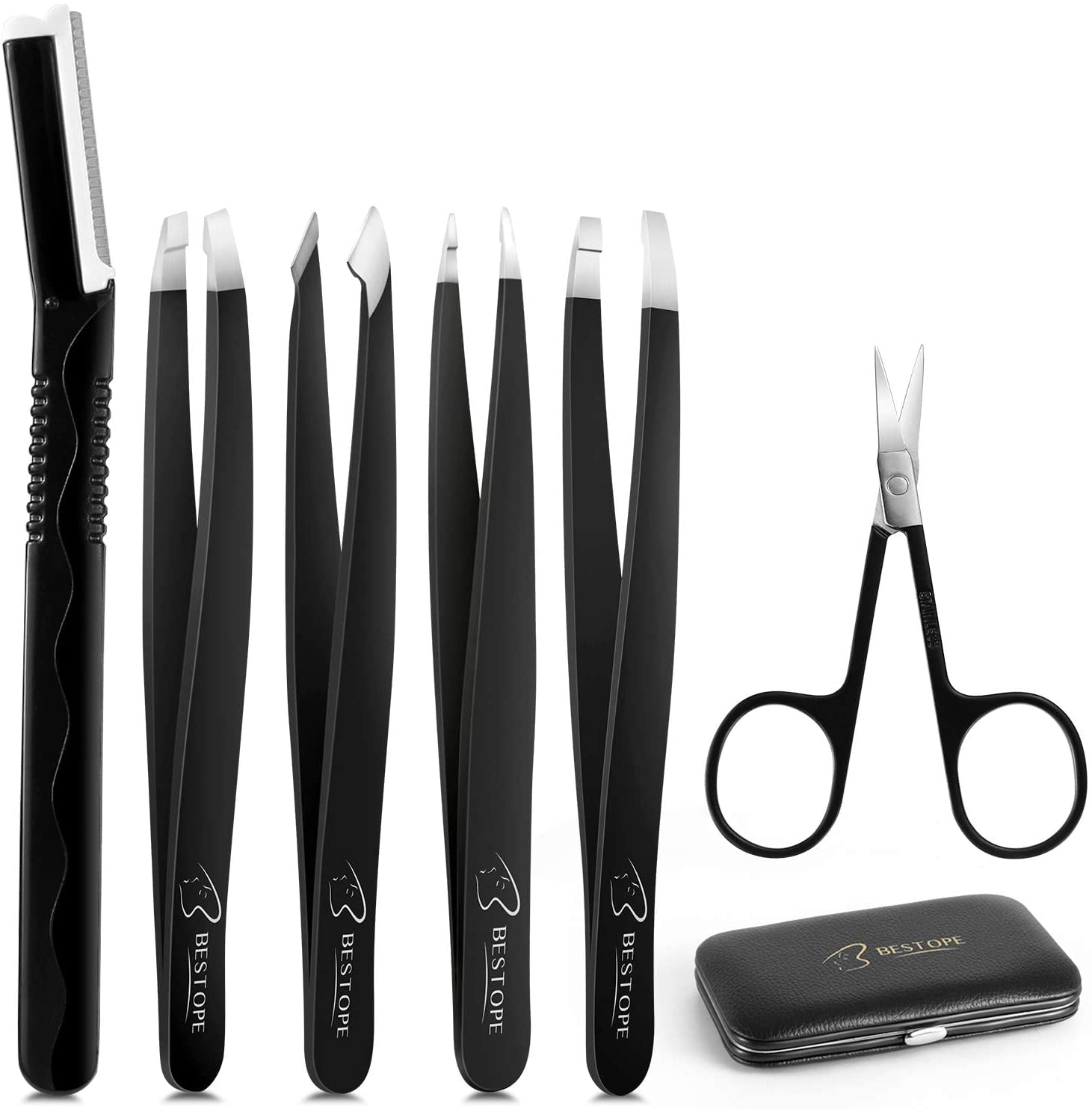 BESTOPE Tweezers for Eyebrows Tweezer Scissors Set 6Pcs Brow Tools