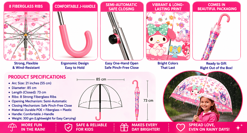 Sanrio My Melody & Kuromi Cute Fashionable Dome-Shaped Vinyl Stick Umbrella, Multicolor, 1