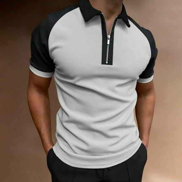 Mens Polo Shirts with Collar Male Summer Solid Patchwork T Shirt Turn Down Collar Raglan Sleeve Tops Big and Tall Polo Shirts for Men Grey