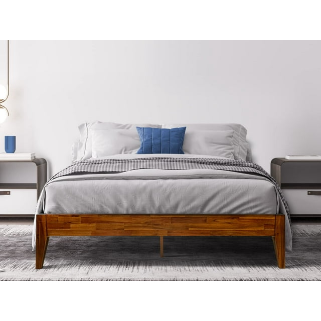 Acacia Mervyn Bed Frame Solid Wood Platform Bed, Queen Size Bed Frame, Unique Design Contemporary Signature Wood Bed Compatible with All Mattresses, No Box Spring Needed, Quick Installation, Caramel