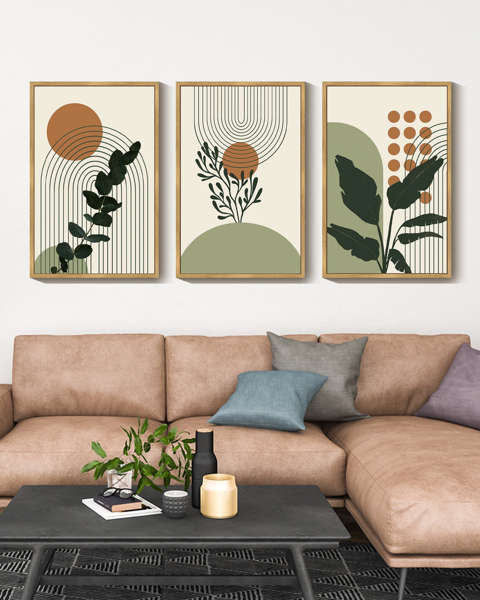 16x24in Natural Framed Boho Plant Wall Art Green Botanical Bohemain Wall Printing Abstract for Office Dining Room Hallway Canvas Prints with Leaf & Sun Lines