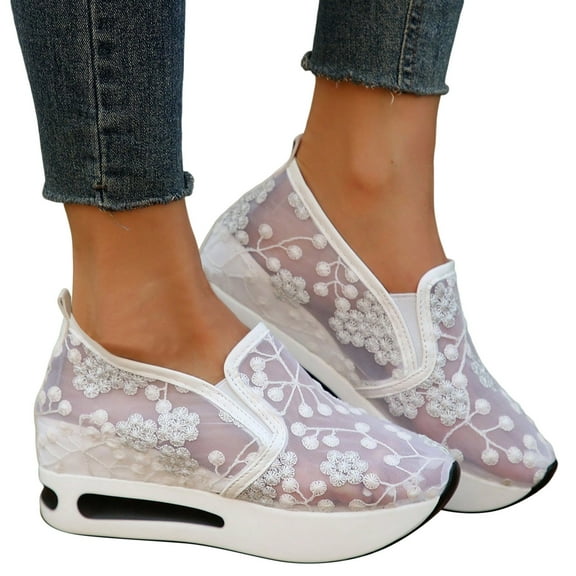 Oyedens Women's Platform Wedge Fashion Sneakers With Hidden Heels Lace Breathable Mid Heels Slip On Loafers Low Top Walking Shoes For Women