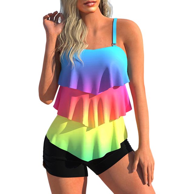 Bañador de dos piezas para mujer, calzoncillos bóxer con estampado digital degradado (XL Rainbow) Ehuebsd Para Estrenar