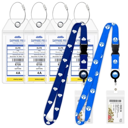 Princess Cruise Luggage Tag Holder (4 Pack) & Lanyard (2 Pack) Bundle – Large eTags, Clear & Waterproof – Cruise Essentials for 2026 & 2027 Travel