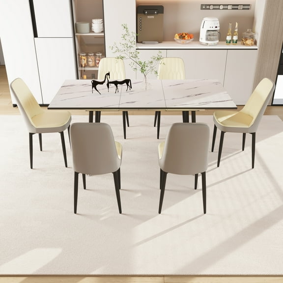 Expandable Dining Table Set for 2-6 | 47"-63" Beige Gray & White MDF Table with Black Metal Legs | 6 PU Leather Padded Chairs | Modern Kitchen Furniture for Dining Room, Living Room, Office