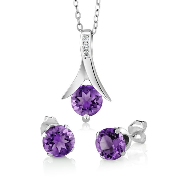 Gem Stone King 925 Sterling Silver Round Cut Purple Amethyst Pendant and Earrings Jewelry Set for Women (2.25 Carat, Gemstone Birthstone, with 18 inch Silver Chain)