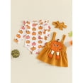 thumbnail image 4 of Raccmtaty Baby Girl Pumpkin Outfit, Ruffle Trim Long Sleeve Romper Pumpkin Patch Suspender Skirt Bow Headband 3 Piece Set for Halloween, 4 of 9