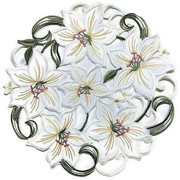 Doily Boutique Easter Round Doily with Bleached White Lily Flowers Size 11 inches
