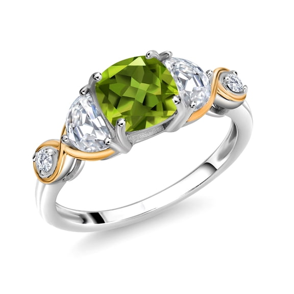 Gem Stone King 925 Silver and 10K Yellow Gold 3-Stone Ring Cushion Peridot Half Moon Moissanite (1.51 Carat Cttw) (Size 8)