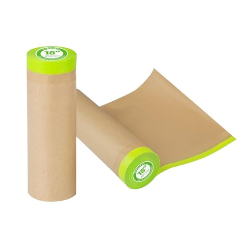 Pre-Taped Masking Paper for Painting - 18 inch x 50 feet Tape and Drape Painters Paper, Paint Adhesive Protective Paper Roll for Covering Skirting, Frames, Cars and Auto Body (2 Rolls)