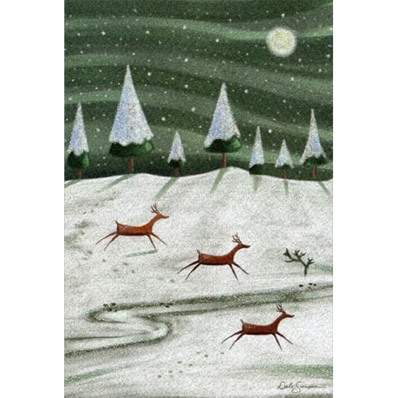 Pictura 3 Reindeer Running in Moonlight : Sparkling Trees Christmas Card