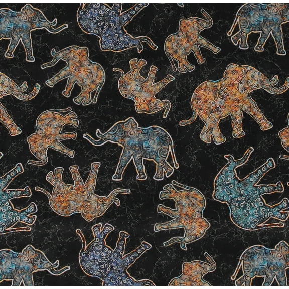 Cotton Bohemian Elephants Animals African Designs Patterns Black Cotton Fabric Print by the Yard (2600-28426-J)